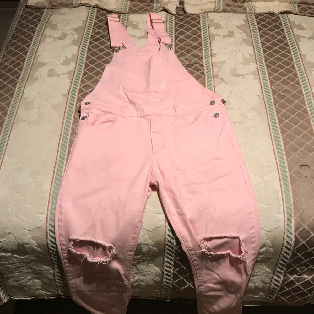 Forever 21 Light Pink Distressed Overalls
